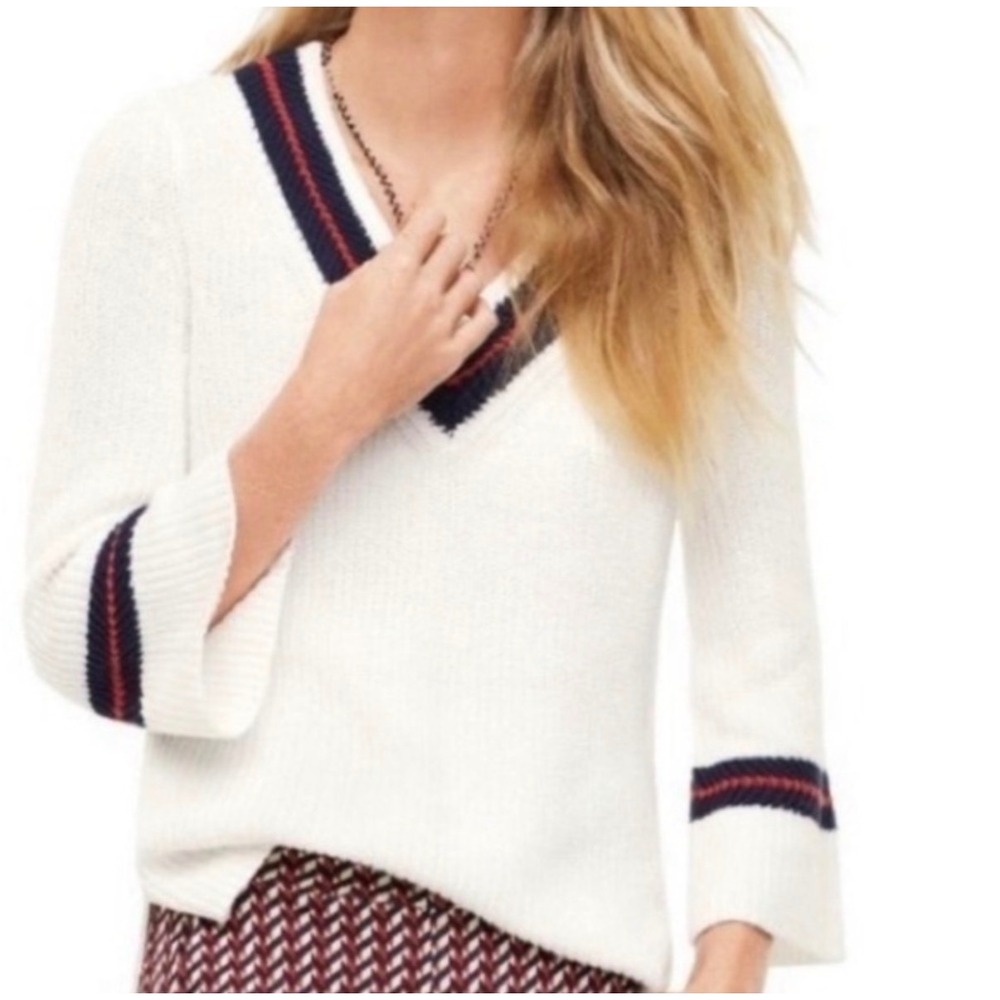 Cabi Ace hite Shaker Stitch V-Neck Pullover Sweater Striped Trim 5639 Small - Picture 2 of 10